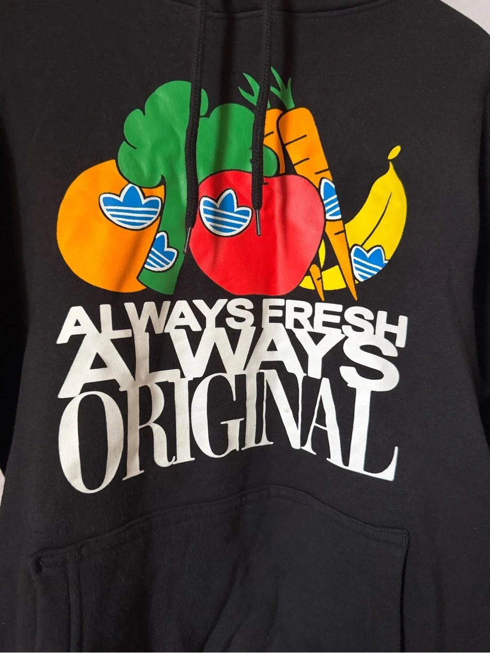 Adidas OG Always Fresh Always Original Black Graphic Hoodie Sweatshirt Fruit